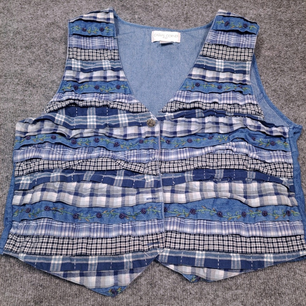 Vtg Casual Corner Blue Cotton Tiered Patchwork Vest Cottagecore Grandma L